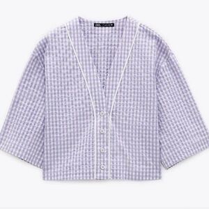 Zara lilac linen cropped gingham shirt SIZE S